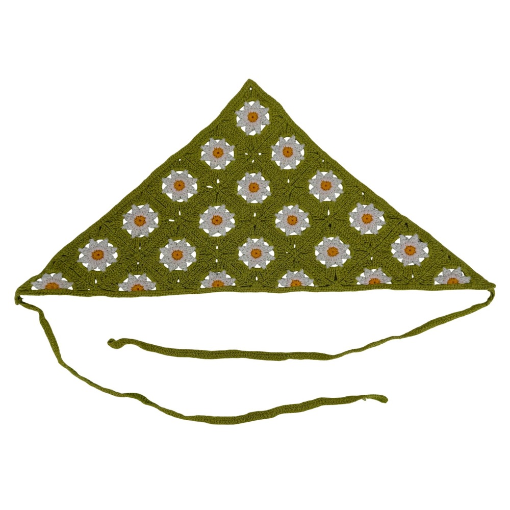 Crochet Daisy Hair Bandana Green Floral Granny Square Kerchief Scarf